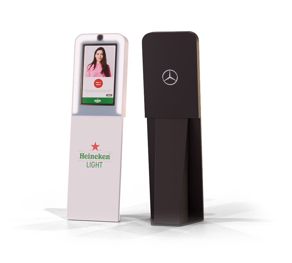 Kiosk photo booths â€” white Heineken and black Mercedes-Benz