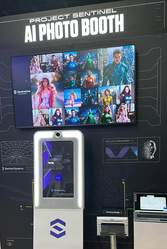 AI Photo Booth kiosk with mosaic display